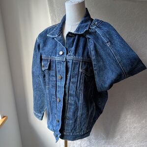 New York Jean co Dark Blue Denim Brown Trim Brass Button Women's Medium Large